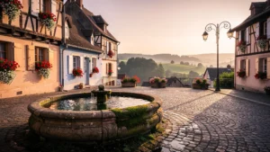 Halte paisible et lumineuse dans un village typique de Lorraine au coucher du soleil, ambiance chaleureuse et authentique