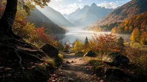Paysage hyperréaliste de randonnée autour de Gérardmer avec sentier et forêt automnale colorée