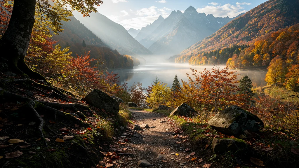 Paysage hyperréaliste de randonnée autour de Gérardmer avec sentier et forêt automnale colorée