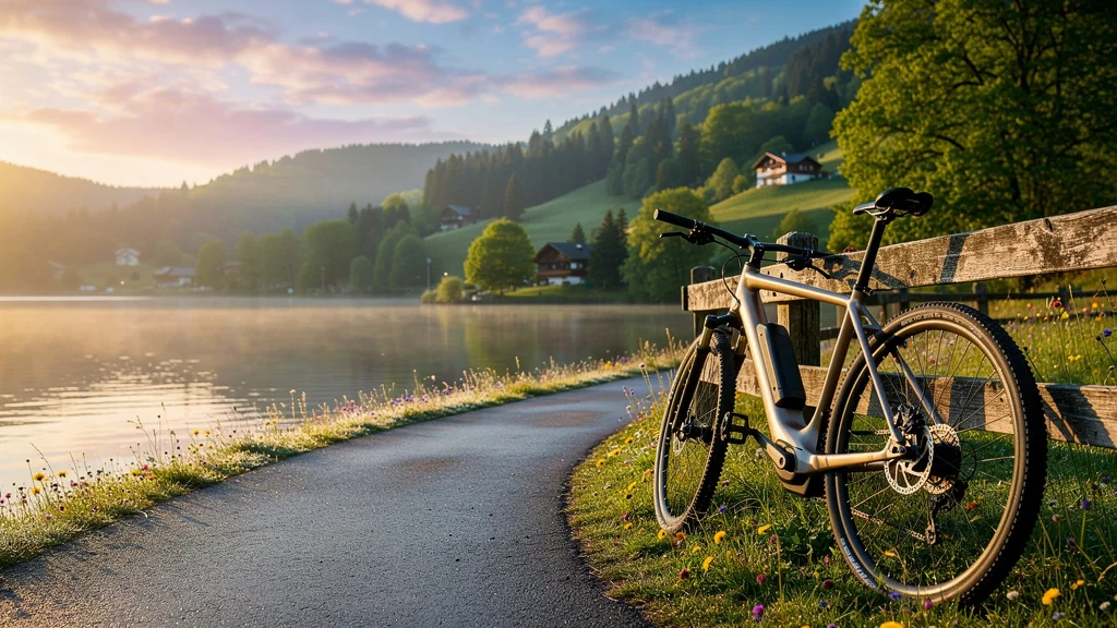 Paysage du lac de Gérardmer avec un vélo électrique au bord d’une route sinueuse ensoleillée