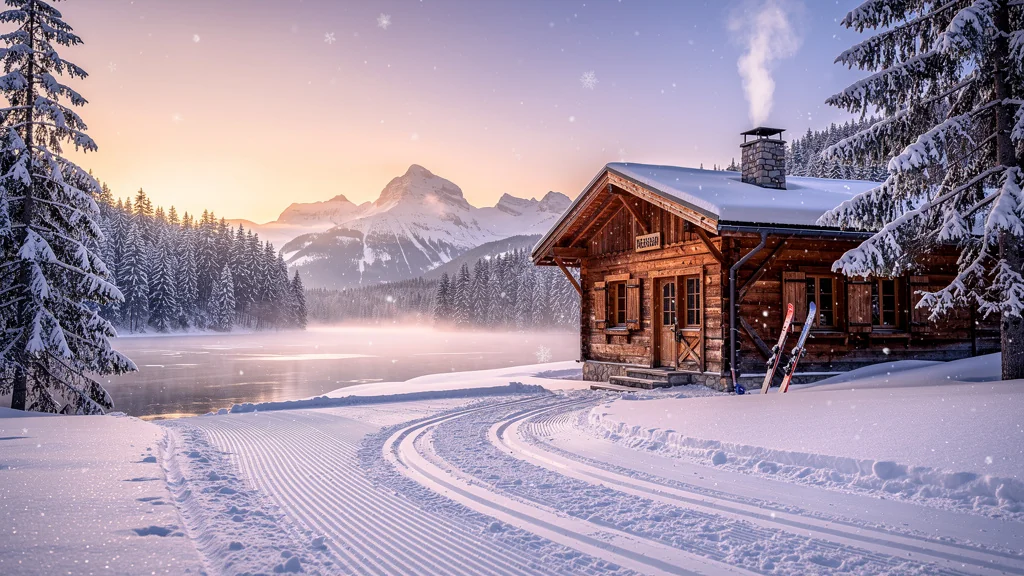 Paysage matinal hyperréaliste du club de ski de Gérardmer avec chalet et pistes enneigées saison après saison