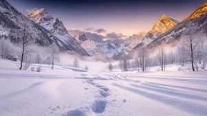 Vallée immaculée après tempête de neige, paysage enneigé au lever du soleil, ambiance de renouveau