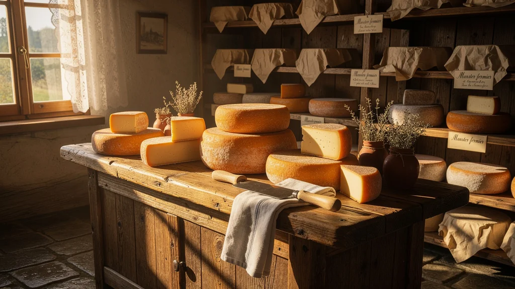 Intérieur d’une fromagerie traditionnelle de La Bresse avec des munsters fermiers sur un comptoir en bois rustique