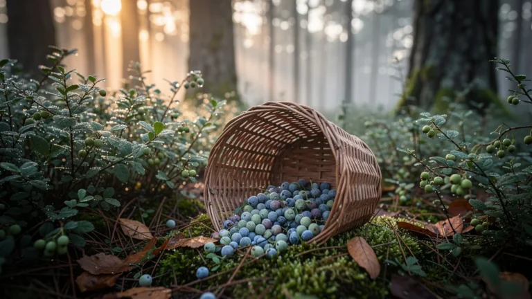 Brimbelles trop tôt cueillies posées dans un panier en forêt, confiture sans goût en perspective