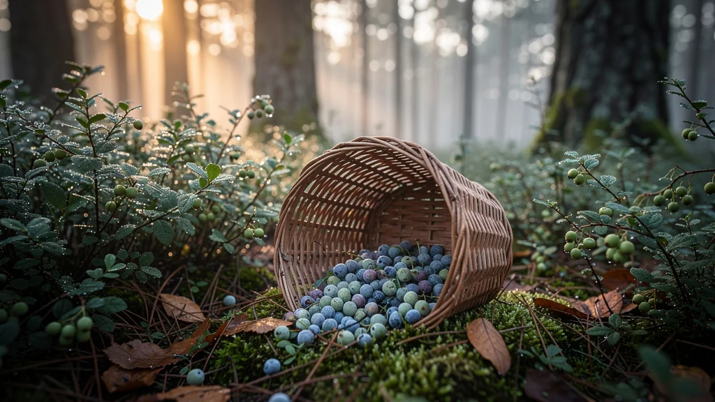 Brimbelles trop tôt cueillies posées dans un panier en forêt, confiture sans goût en perspective