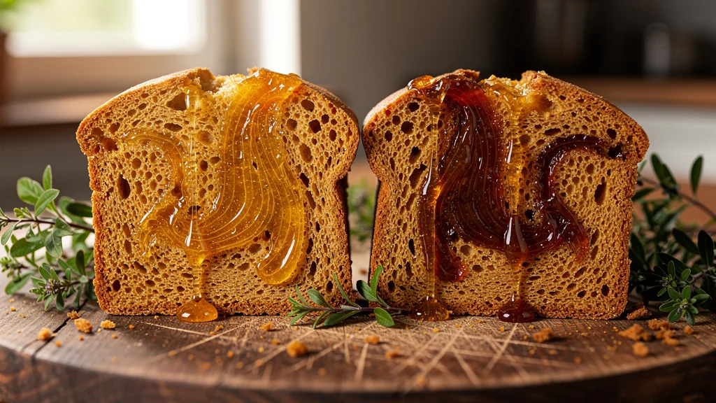 Deux miels vosgiens comparés dans un pain d'épices artisanal sur planche en bois rustique