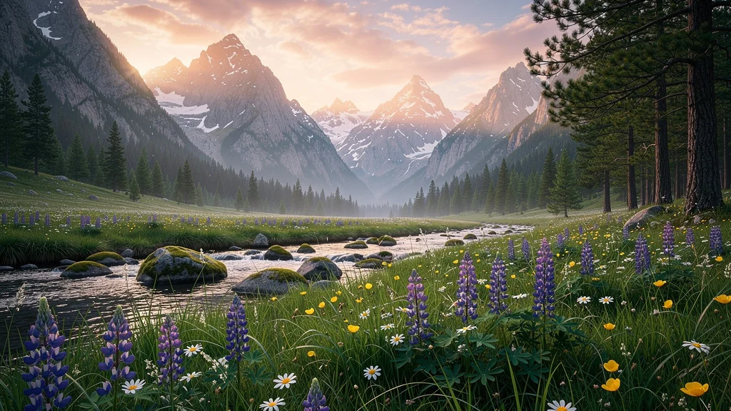 Paysage montagneux hyperréaliste en mai entre neige fondante et fleurs printanières éclatantes