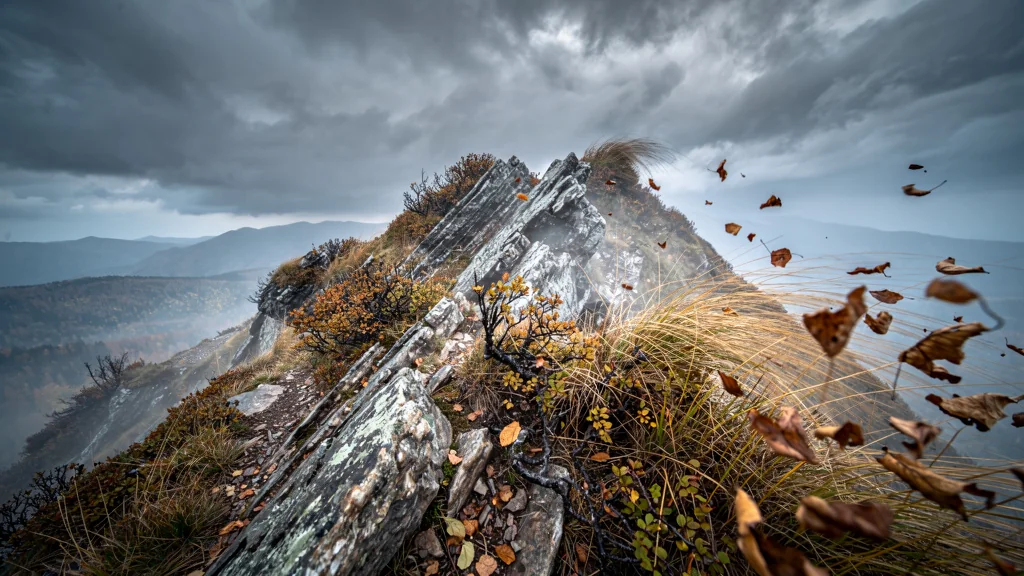 Vent violent sur les crêtes en fin d'automne avec paysage sauvage et végétation dorée balayés