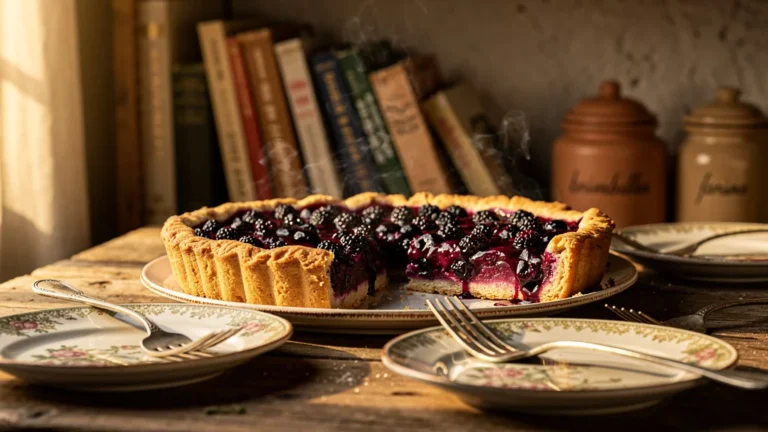 Tarte aux brimbelles tiède sur table rustique, pâte dorée et fruits brillants, ambiance chaleureuse et naturelle