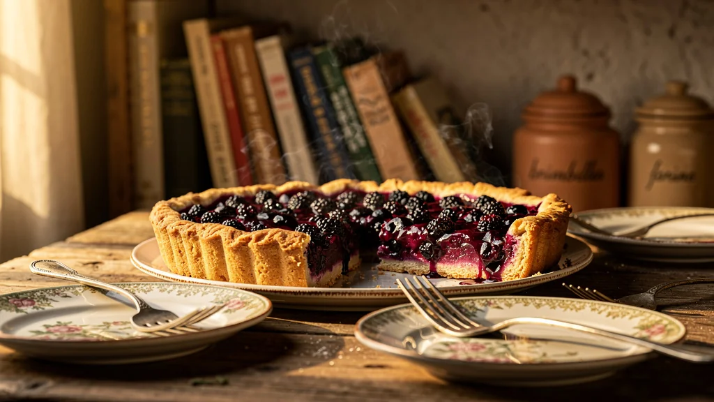Tarte aux brimbelles tiède sur table rustique, pâte dorée et fruits brillants, ambiance chaleureuse et naturelle