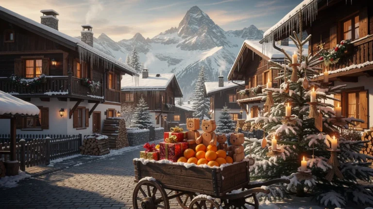 Village enneigé du massif célébrant le jour de la Saint-Nicolas avec décorations traditionnelles et ambiance chaleureuse