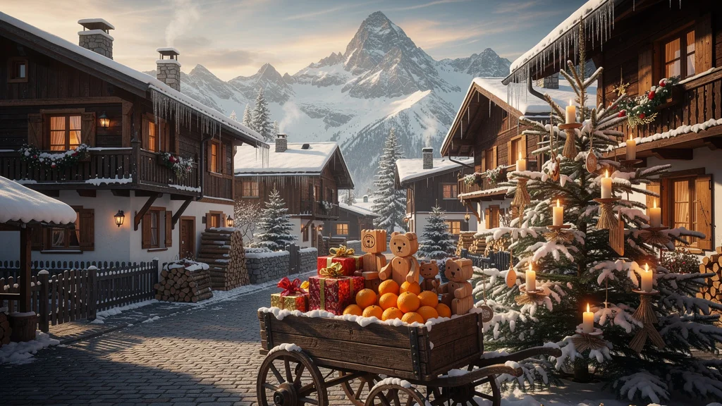 Village enneigé du massif célébrant le jour de la Saint-Nicolas avec décorations traditionnelles et ambiance chaleureuse
