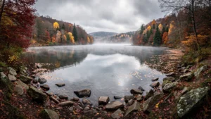 Vue hyper-réaliste du lac de Gérardmer en novembre, beauté automnale paisible et couleurs éclatantes