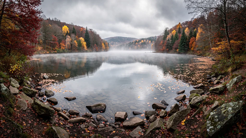 Vue hyper-réaliste du lac de Gérardmer en novembre, beauté automnale paisible et couleurs éclatantes