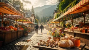 Le marché du samedi à Gérardmer sous un soleil doré, ambiance authentique et textures ultra-réalistes