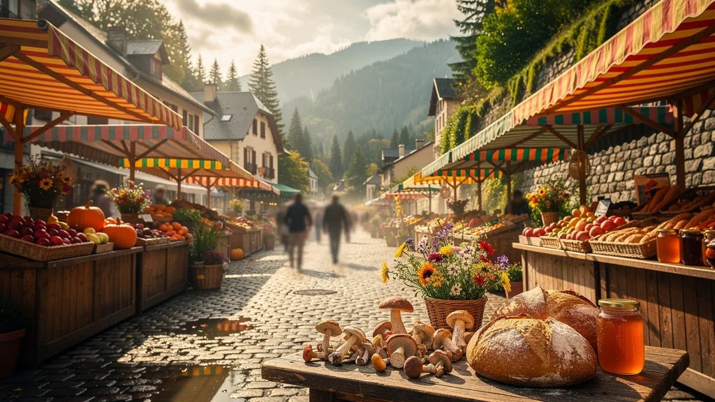 Le marché du samedi à Gérardmer sous un soleil doré, ambiance authentique et textures ultra-réalistes
