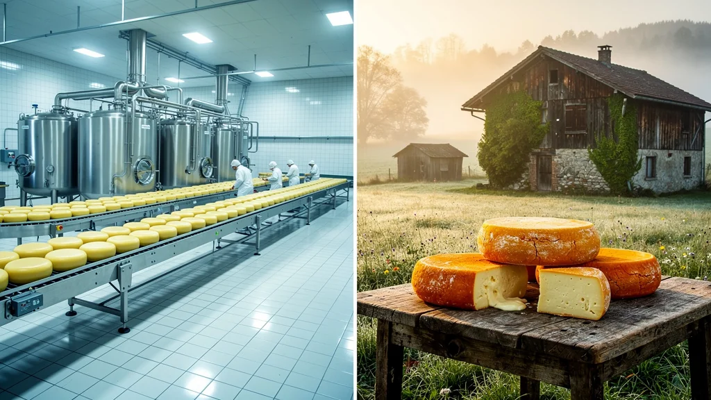 Contraste entre le munster industriel en usine et le munster traditionnel des chaumes en ferme rustique