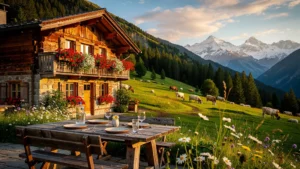 Ferme-auberge traditionnelle du massif en lumière dorée, authentique et chaleureuse, préférée aux tables étoilées