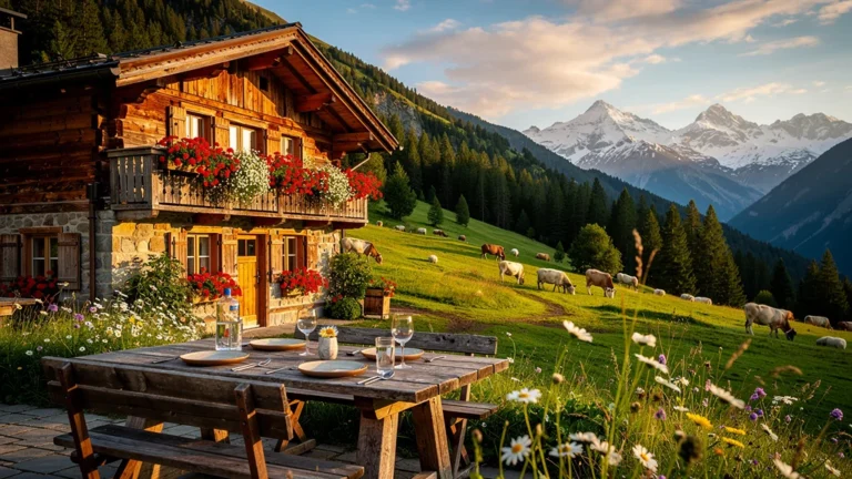 Ferme-auberge traditionnelle du massif en lumière dorée, authentique et chaleureuse, préférée aux tables étoilées