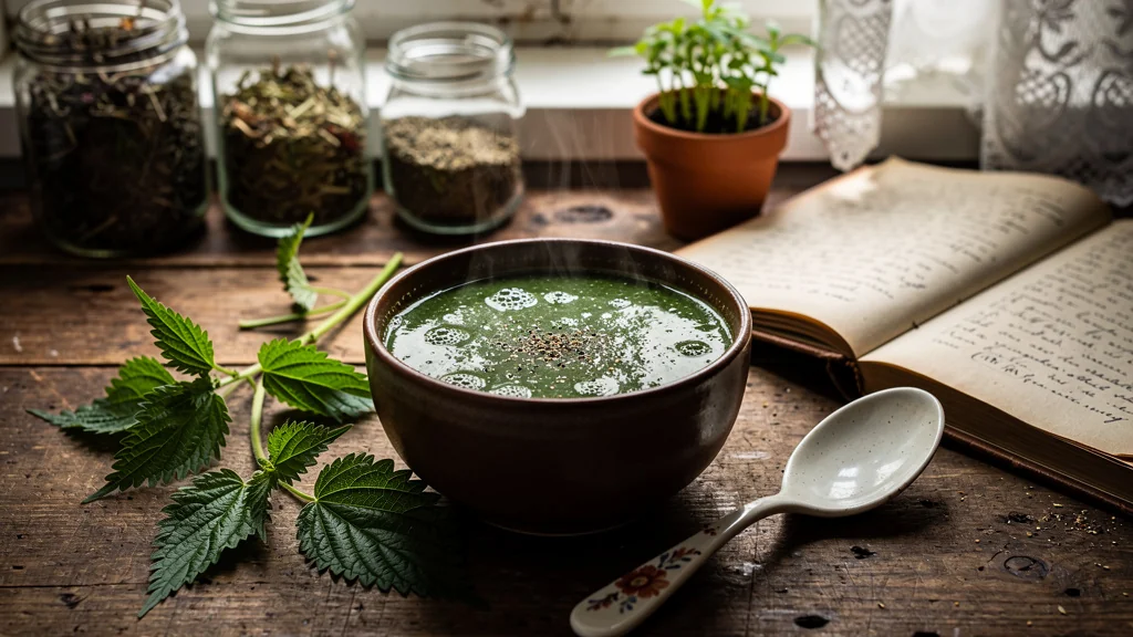 Bol de soupe aux orties de printemps sans crème ni pomme de terre sur table en bois rustique