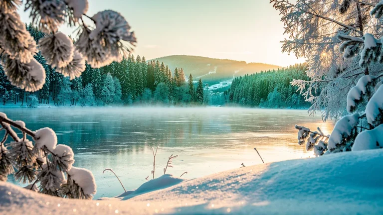 Premières raquettes au-dessus du lac de Longemer en hiver, paysage enneigé et lac gelé paisible