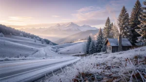 Paysage hivernal dans la vallée au lever du jour sans pneus neige, ambiance calme et réaliste
