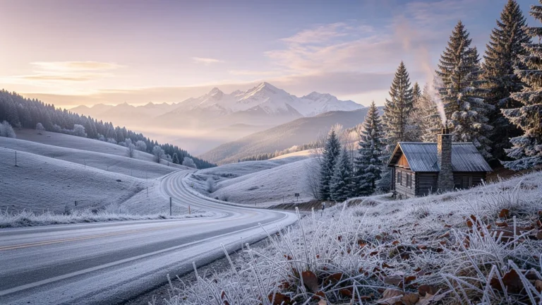 Paysage hivernal dans la vallée au lever du jour sans pneus neige, ambiance calme et réaliste