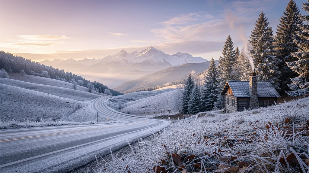 Paysage hivernal dans la vallée au lever du jour sans pneus neige, ambiance calme et réaliste