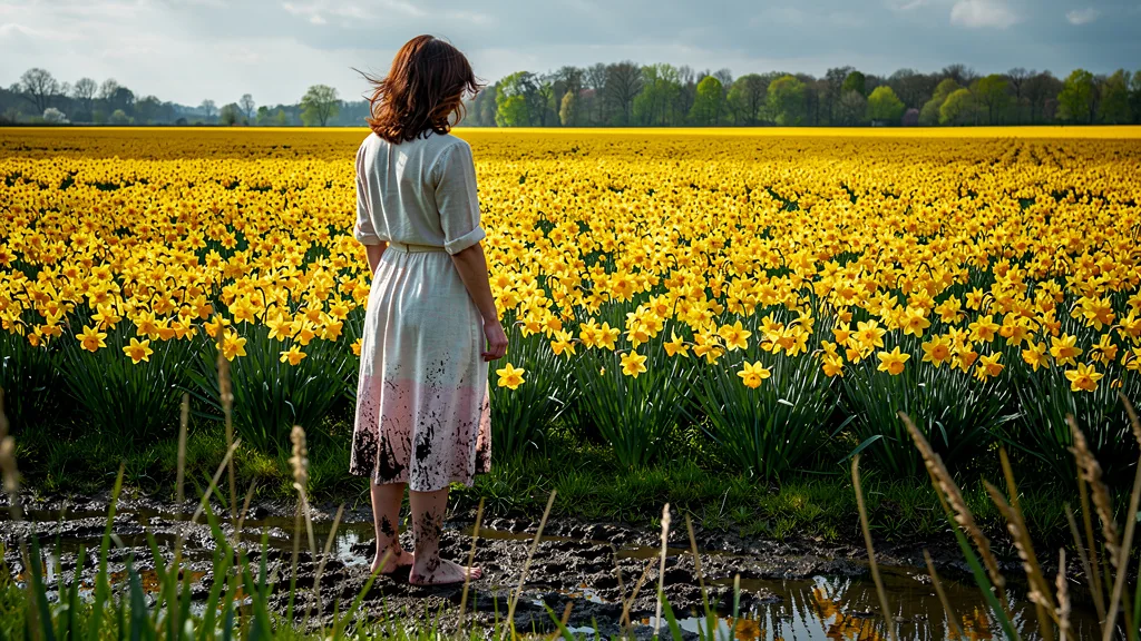 Femme pieds nus dans un champ de jonquilles au printemps, erreur sans bottes dans la nature humide