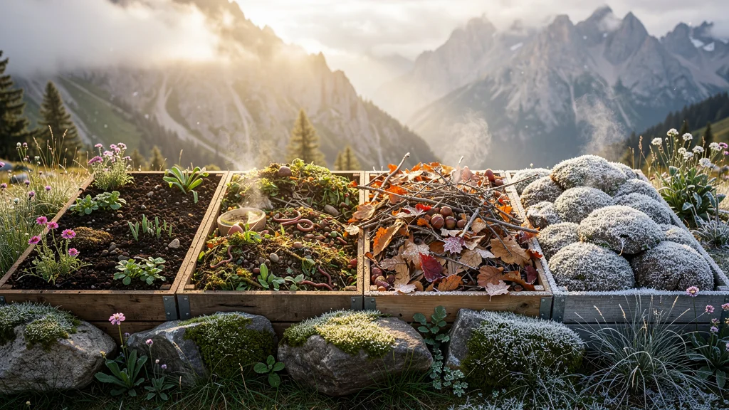 Compost en quatre saisons dans un jardin de montagne avec textures naturelles et lumière réaliste