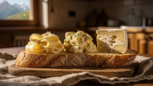 Trois fromages d'alpage différents dégustés côte à côte sur une tartine rustique