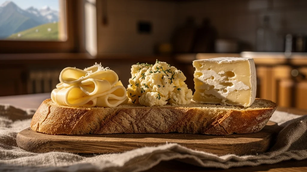 Trois fromages d'alpage différents dégustés côte à côte sur une tartine rustique