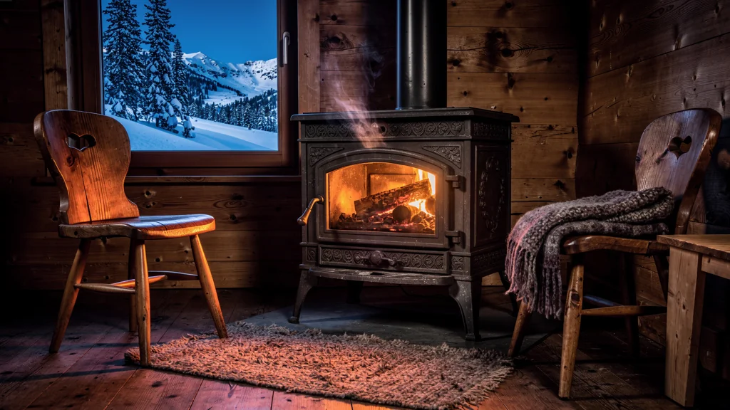 Intérieur chaleureux d’un hébergement de montagne centré sur un poêle à bois rustique et accueillant