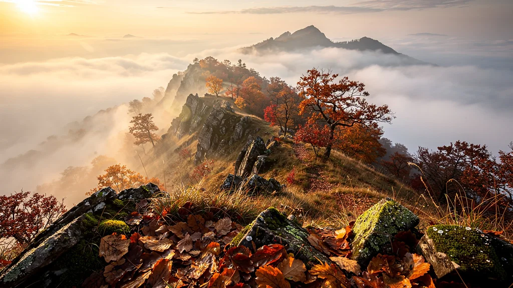 Un matin d'octobre brumeux sur les crêtes avec arbres rouges et paysage montagneux mystique