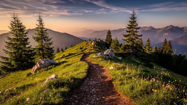 Descente du Kastelberg en fin d’après-midi avec lumière dorée changeante sur paysage montagneux