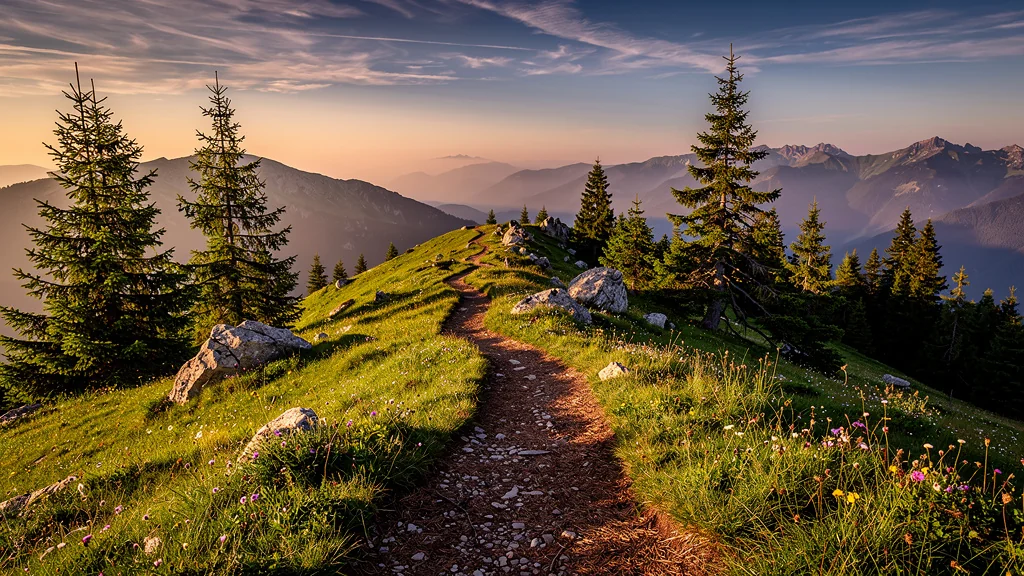 Descente du Kastelberg en fin d’après-midi avec lumière dorée changeante sur paysage montagneux