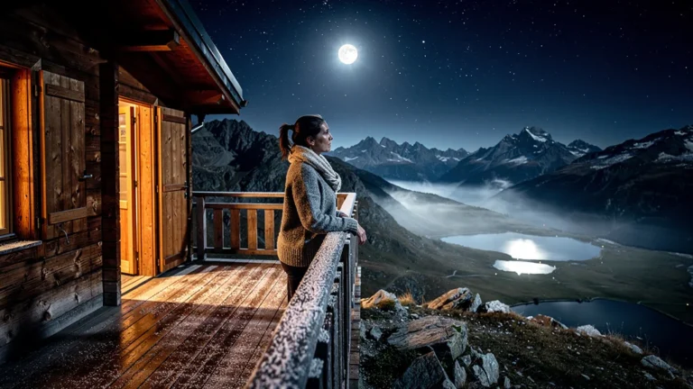 Nuit en refuge d'altitude avec vue sur la vallée des lacs sous un ciel étoilé et lumineux