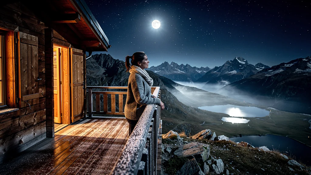 Nuit en refuge d'altitude avec vue sur la vallée des lacs sous un ciel étoilé et lumineux